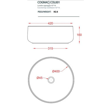ArtCeram Cognac Раковина 42 см, без отв., накладная, без слив-перелива, цвет: белый-1