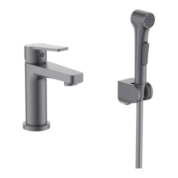 AQ1712BGM ЛУГАНО смеситель для раковины 106 с гигиеническим ручным душем, оружейная сталь AQ1712BGM