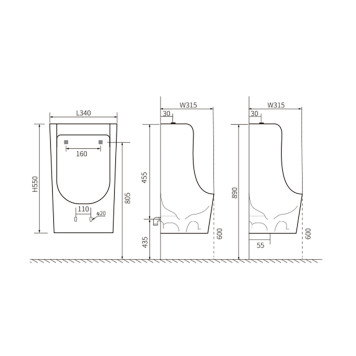 AQ3040-F-00 Писсуар, горизонтальный выпуск, 340315550,белый в комплекте со смывным механизмом AQ3040FM AQ3040-F-00-1