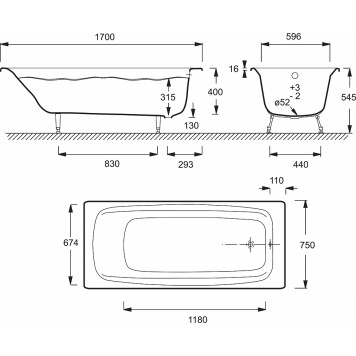 DIAPASON E2937-S-00 Ванна 170 х 75 см без отверстий для ручек БЕЗ АНТИСКОЛЬЗЯЩЕГО ПОКРЫТИЯ E2937-S-00-1