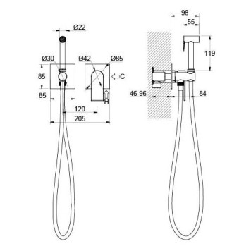 AQ1420MB ЛИРА комплект для гигиенического душа встроенный 2 отв. (смеситель + гигиеническая лейка + шланг), матовый черный AQ1420MB-1