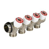 Сантехнический коллектор 1 x 3/4E /2, сборный, никелированный, с отсечными вентилями и с отводами с наружной резьбой.