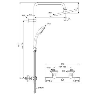 Ideal Standard Ceratherm T25 Душевая система с термостатическим смесителем, верхним душем Oslash;25см., держателем, лейкой для душа и шлангом 150см., цвет: хром. A7627AA-5