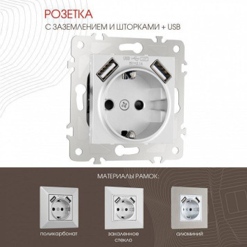 Розетка с заземлением и со шторкой и 2хUSB, без рамки Arte Milano am-203 203.47-1.silver-1