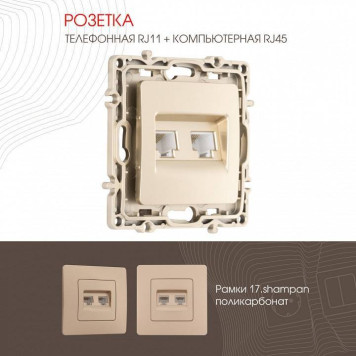 Розетка двойная RJ-11 и Ethernet RJ-45, без рамки Arte Milano am-217 217.44-1.shampan-2