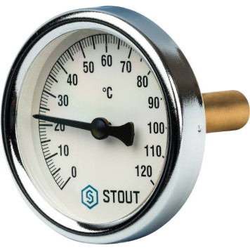 Термометр биметаллический STOUT SIM-0003 с погружной гильзой, корпус Dn 63 мм, гильза 50 мм, резьба с самоуплотнением 1/2&, 0-120°С