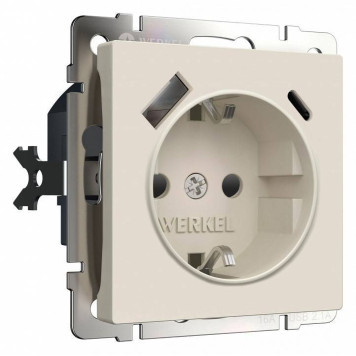 Розетка с заземлением и со шторкой и 2хUSB type A и C, без рамки Werkel айвори матовый W1171762