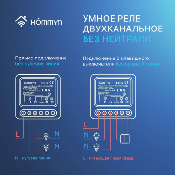 Комплект три умных реле (2 канала без нейтрали) и хаб HOMMYN RNN02HOMKIT09-3