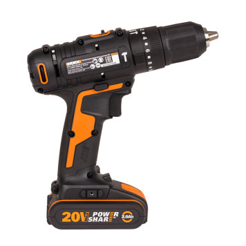 Дрель-шуруповерт ударная аккумуляторная WORX WX370, 50Нм, 20В, 2Ач x2, ЗУ 2А, кейс-1
