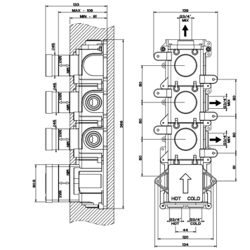 Gessi Внутренняя часть встраиваемого термостатического смесителя с 3мя независимыми выходами-1