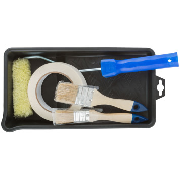 Набор для покраски дверей и окон (ванночка 290х150 мм + валик полиакрил 100 мм + малярная лента 25 мм x 50 м + кисти 25 ; 38 мм)-1