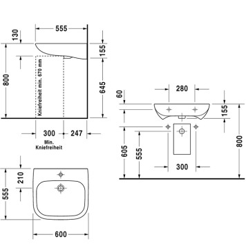 Duravit D-Code Раковина медицинский Med, без перелива, с 1 отв. под смес., 60х55см., цвет: белый. 23136000002-1