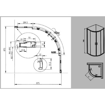 XP2CP4-90 блестящий + транспарент, душевой уголок полукруглый, раздвижной X3B270C00Z1C-1