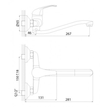 A35-24 Смеситель одноручный (35 мм) для кухни, настенный с нижним изливом, хром A35-24 A35-24-1
