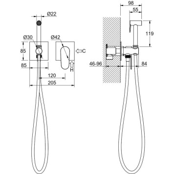AQ1220BG ОБЕРОН комплект для гигиенического душа встроенный 2 отв. (смеситель + гигиеническая лейка + шланг), шлиф. золото AQ1220BG-1