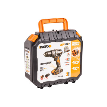 Дрель-шуруповерт ударная аккумуляторная WORX WX352, 60Нм, 20В, бесщеточная, 2Ач x2, ЗУ 2А, кейс-7