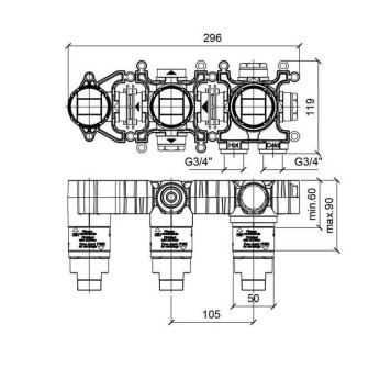 Almar Modular Закладная монокомандного смесителя на 2 потребителя горизонтальная + душ-1