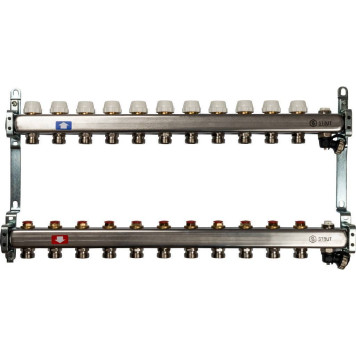 Коллектор STOUT из нержавеющей стали без расходомеров, с клапаном выпуска воздуха и сливом, 11 выходов.