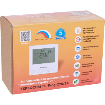 Термостат комнатный Teplocom TS-Prog-220/3A, проводной, прогр., реле 250В, 3А 913 (913)-5