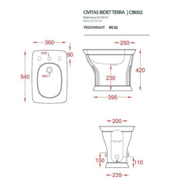 Artceram Civitas Биде напольное 36x54 cм, 1 отверстие, цвет: серый. CIB002 34 00-1