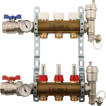 Распределительный коллектор STOUT из латуни с расходомерами на 3 выхода.